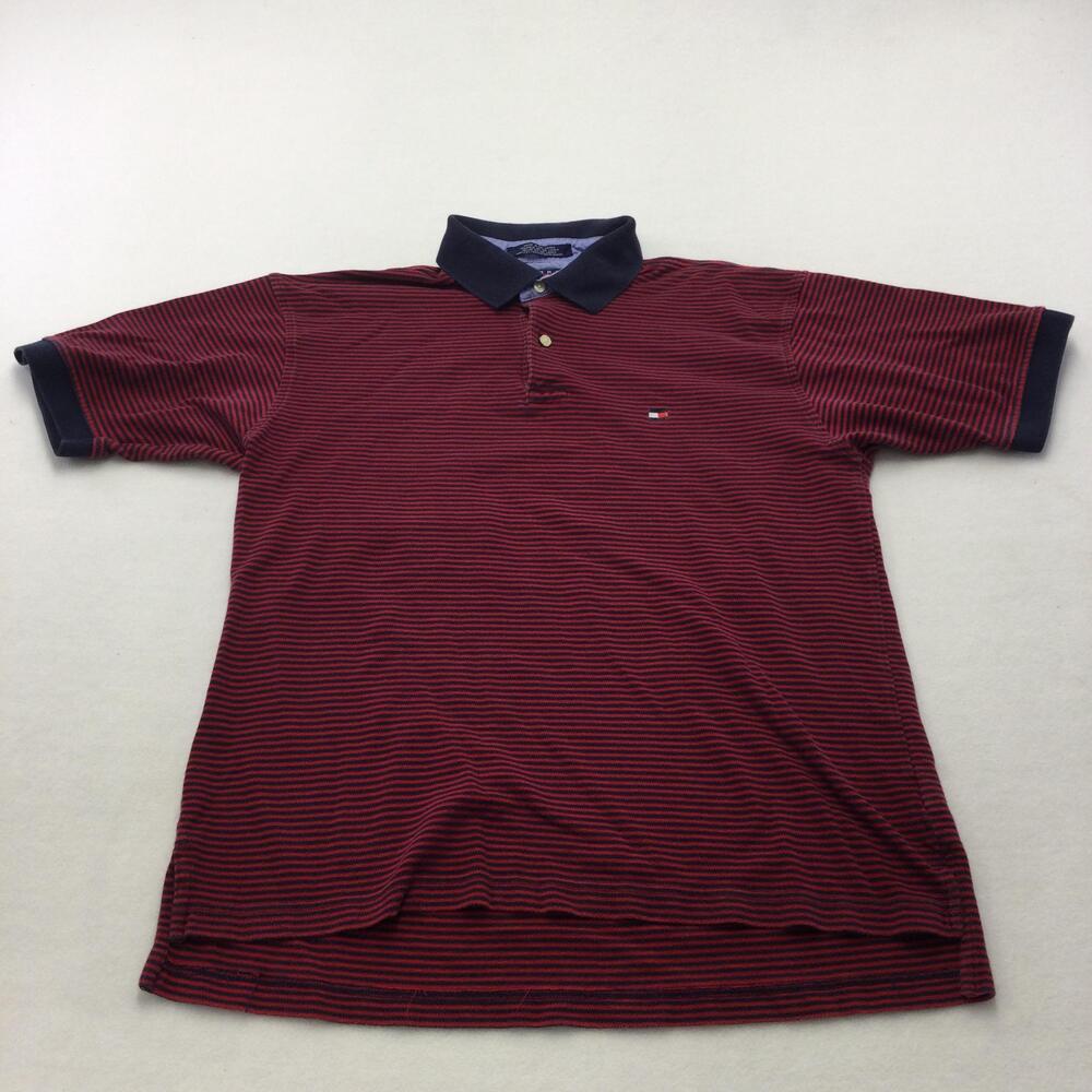 Tommy Hilfiger Polo Shirt Mens Large Red Navy Striped Cotton Short Sleeve Logo